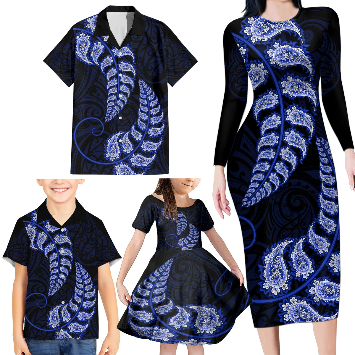 blue-new-zealand-paisley-silver-fern-family-matching-long-sleeve-bodycon-dress-and-hawaiian-shirt-aotearoa-maori