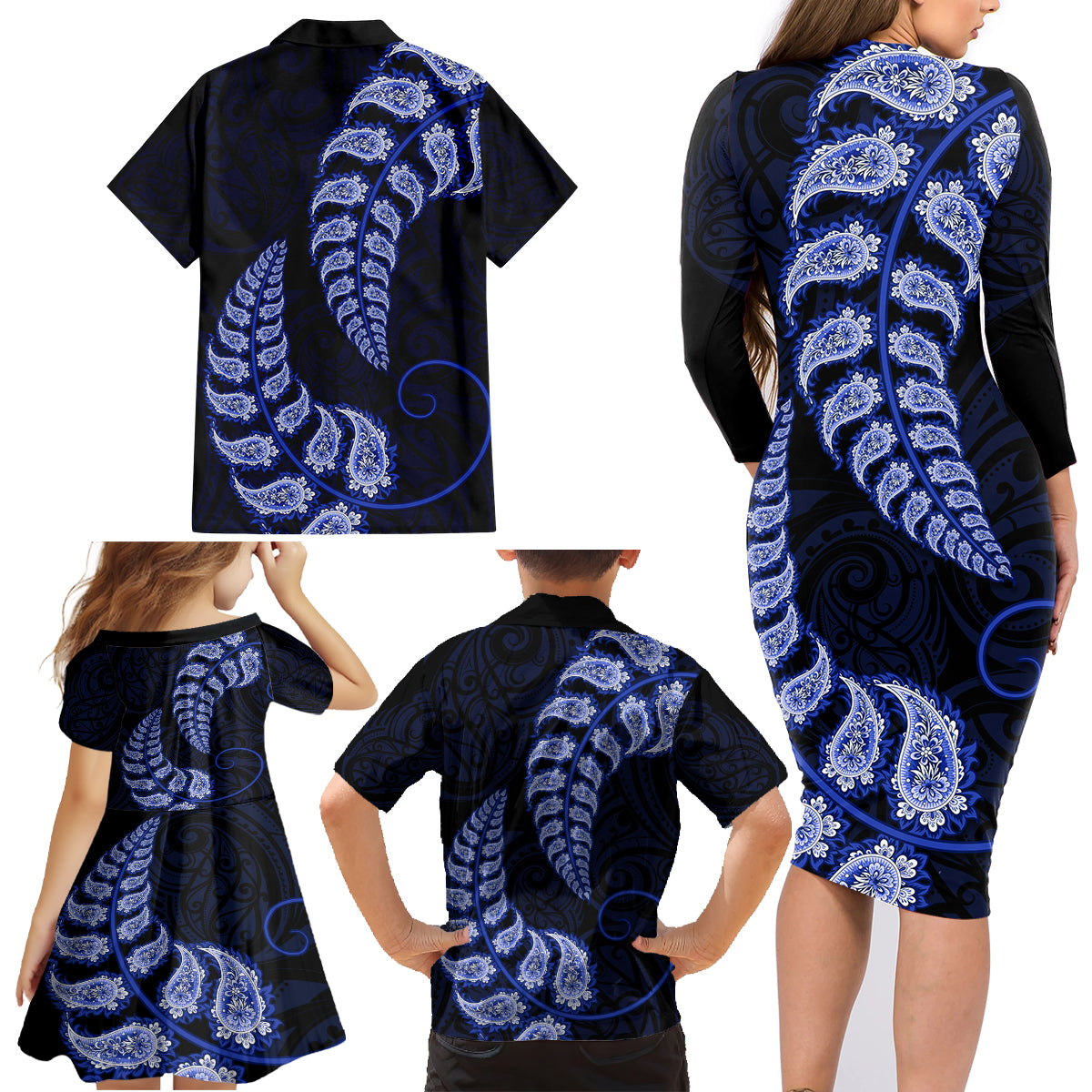 blue-new-zealand-paisley-silver-fern-family-matching-long-sleeve-bodycon-dress-and-hawaiian-shirt-aotearoa-maori