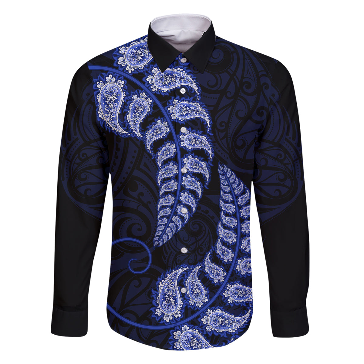 blue-new-zealand-paisley-silver-fern-family-matching-long-sleeve-bodycon-dress-and-hawaiian-shirt-aotearoa-maori