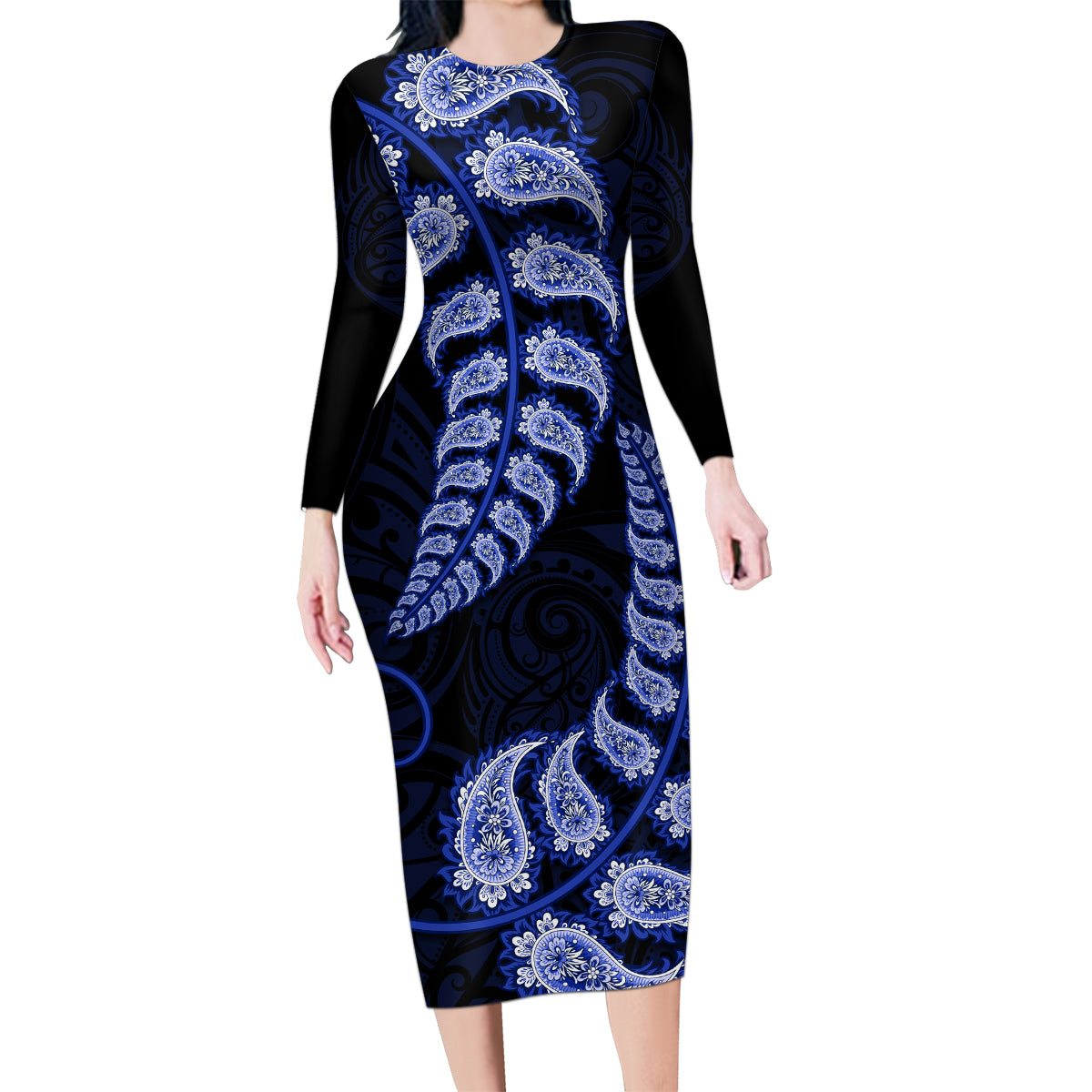 blue-new-zealand-paisley-silver-fern-family-matching-long-sleeve-bodycon-dress-and-hawaiian-shirt-aotearoa-maori