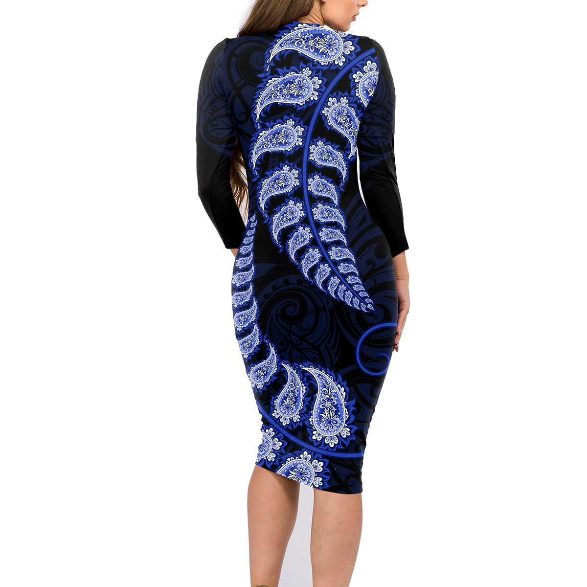 blue-new-zealand-paisley-silver-fern-family-matching-long-sleeve-bodycon-dress-and-hawaiian-shirt-aotearoa-maori