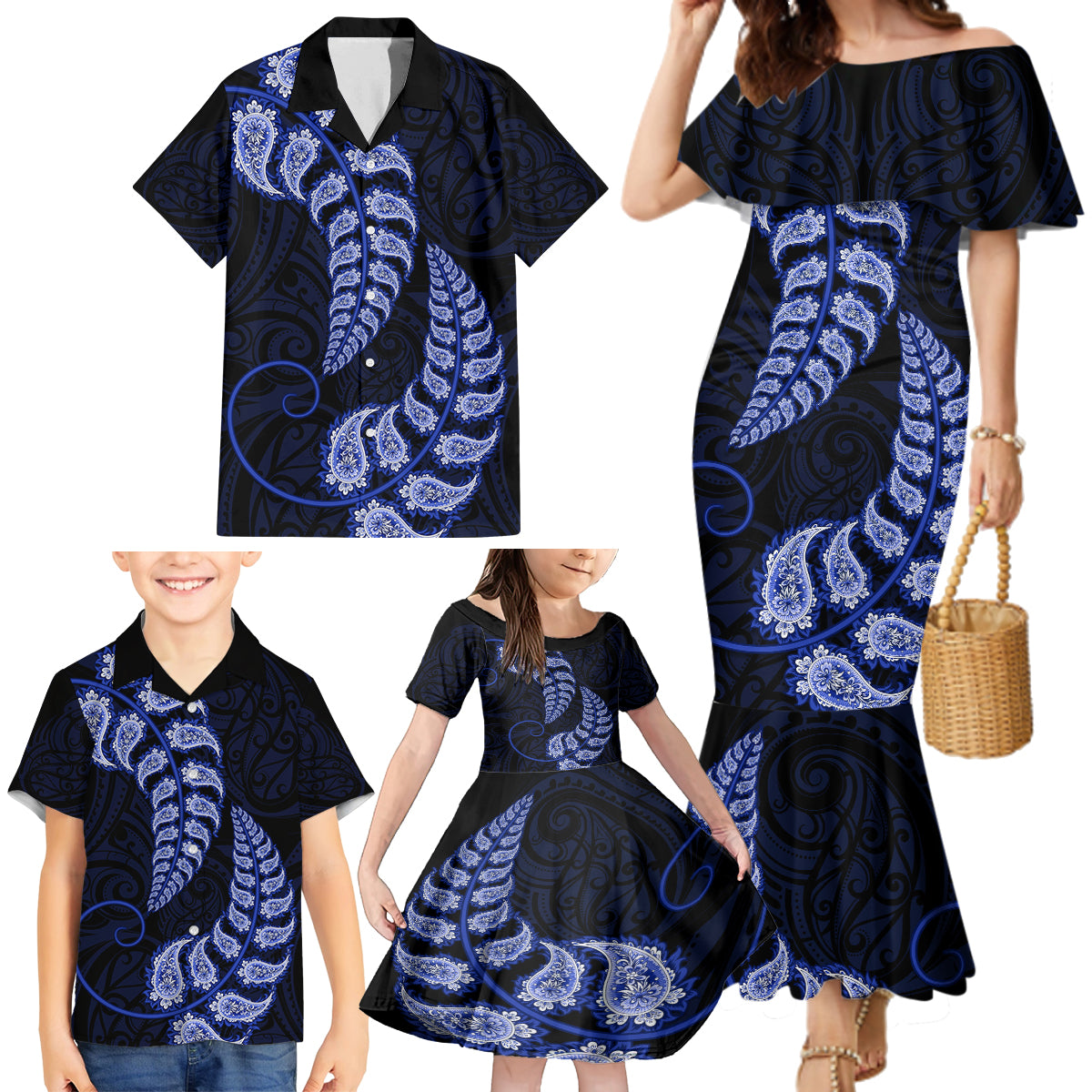 blue-new-zealand-paisley-silver-fern-family-matching-mermaid-dress-and-hawaiian-shirt-aotearoa-maori