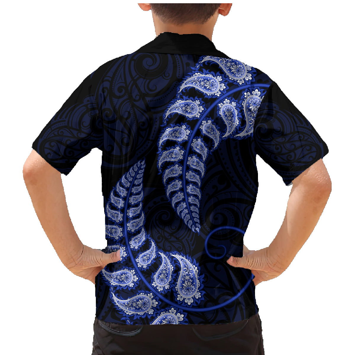 blue-new-zealand-paisley-silver-fern-family-matching-mermaid-dress-and-hawaiian-shirt-aotearoa-maori