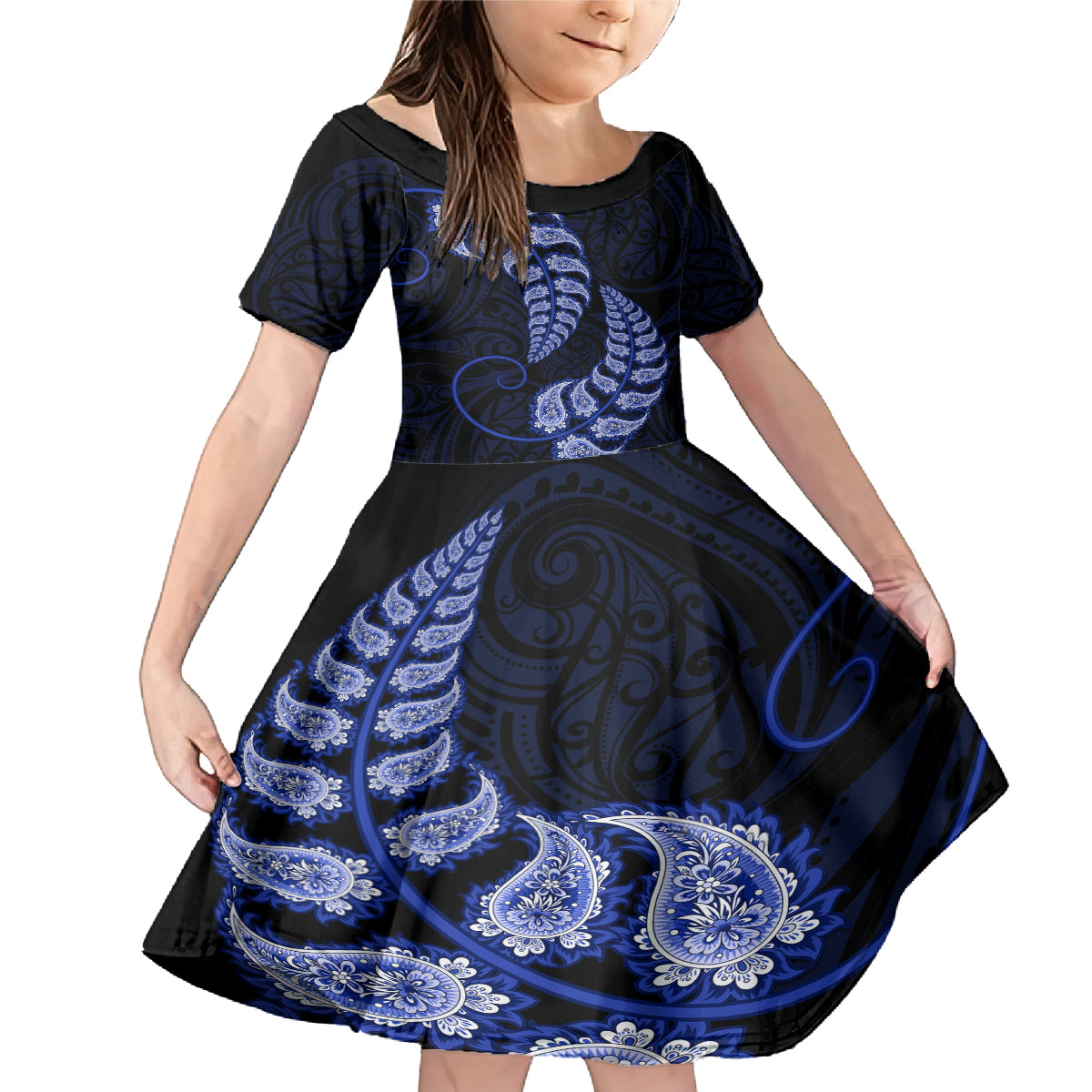 blue-new-zealand-paisley-silver-fern-family-matching-mermaid-dress-and-hawaiian-shirt-aotearoa-maori