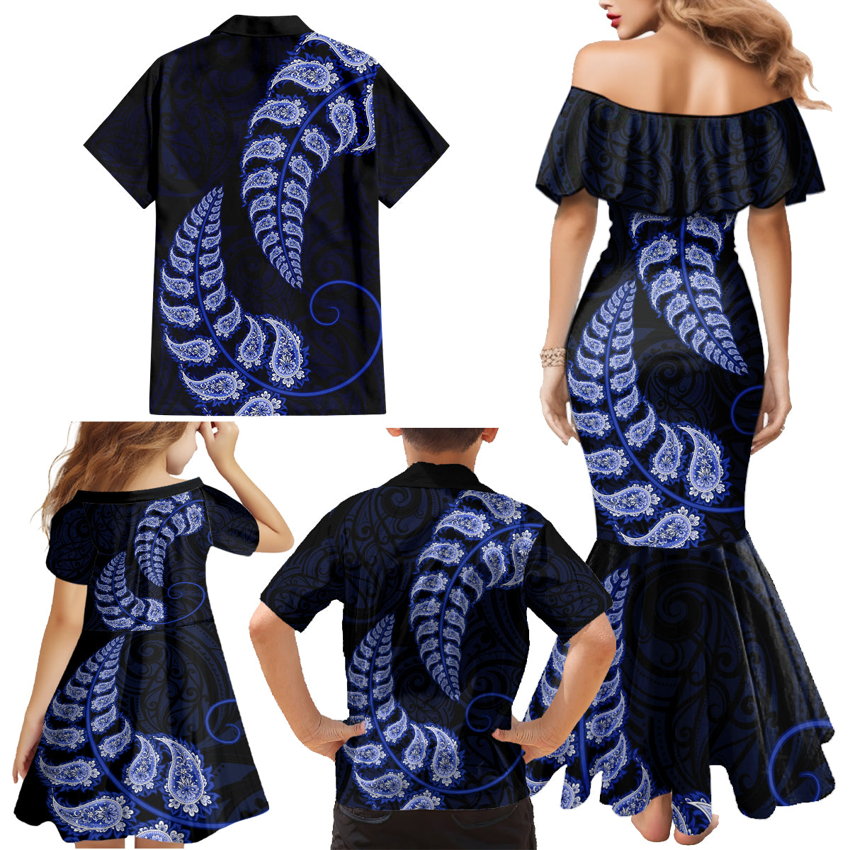 blue-new-zealand-paisley-silver-fern-family-matching-mermaid-dress-and-hawaiian-shirt-aotearoa-maori