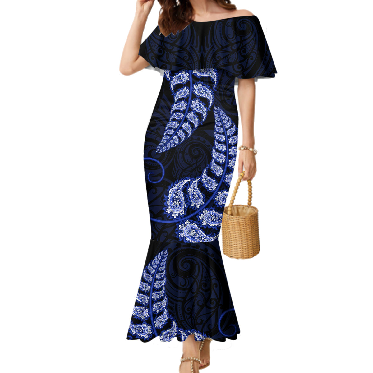 blue-new-zealand-paisley-silver-fern-family-matching-mermaid-dress-and-hawaiian-shirt-aotearoa-maori