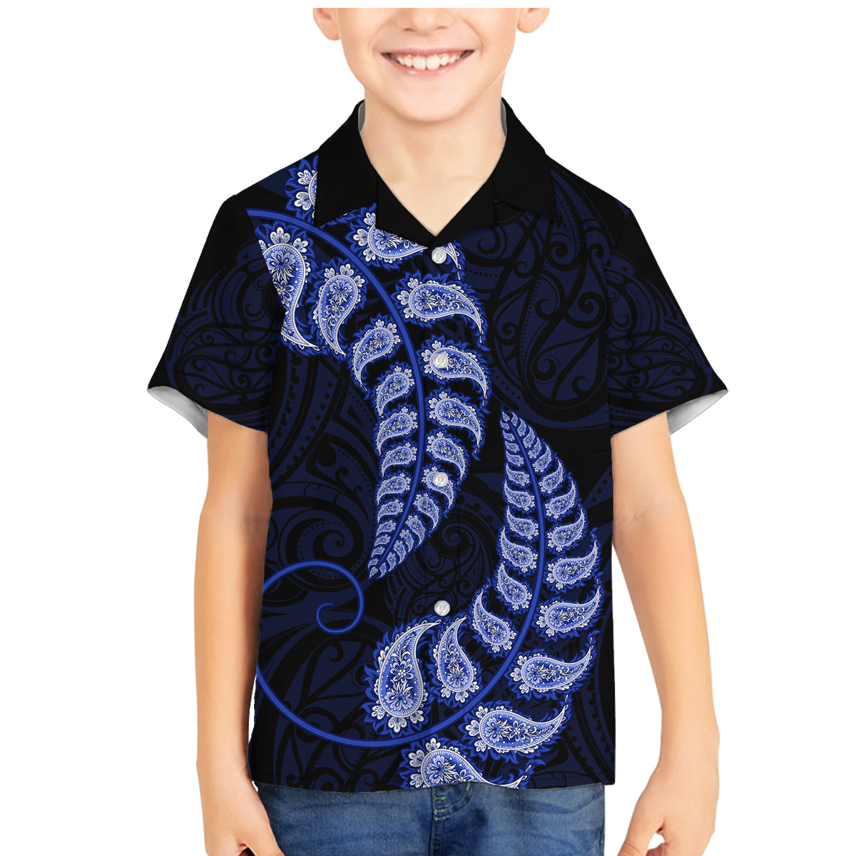 blue-new-zealand-paisley-silver-fern-family-matching-mermaid-dress-and-hawaiian-shirt-aotearoa-maori