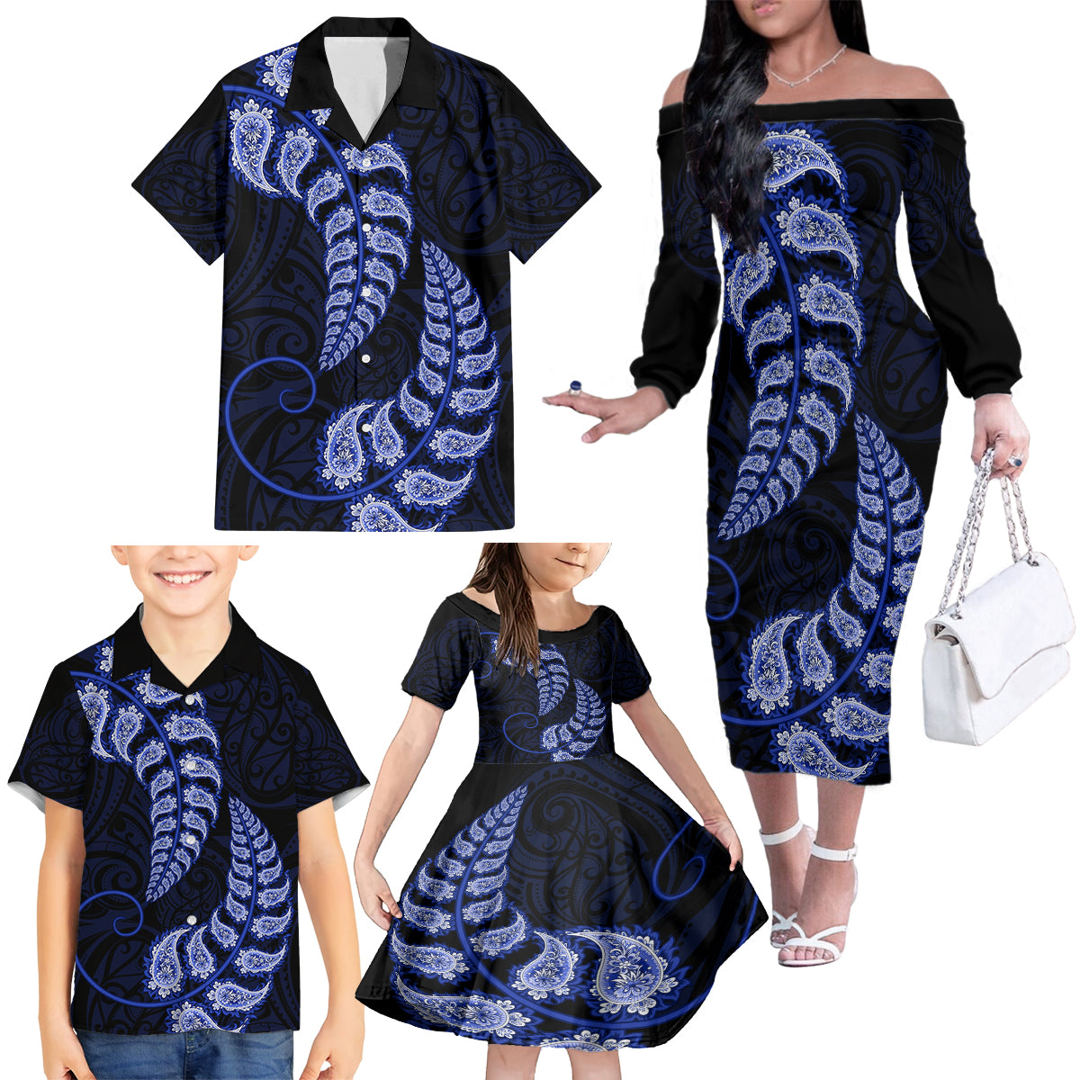 blue-new-zealand-paisley-silver-fern-family-matching-off-shoulder-long-sleeve-dress-and-hawaiian-shirt-aotearoa-maori