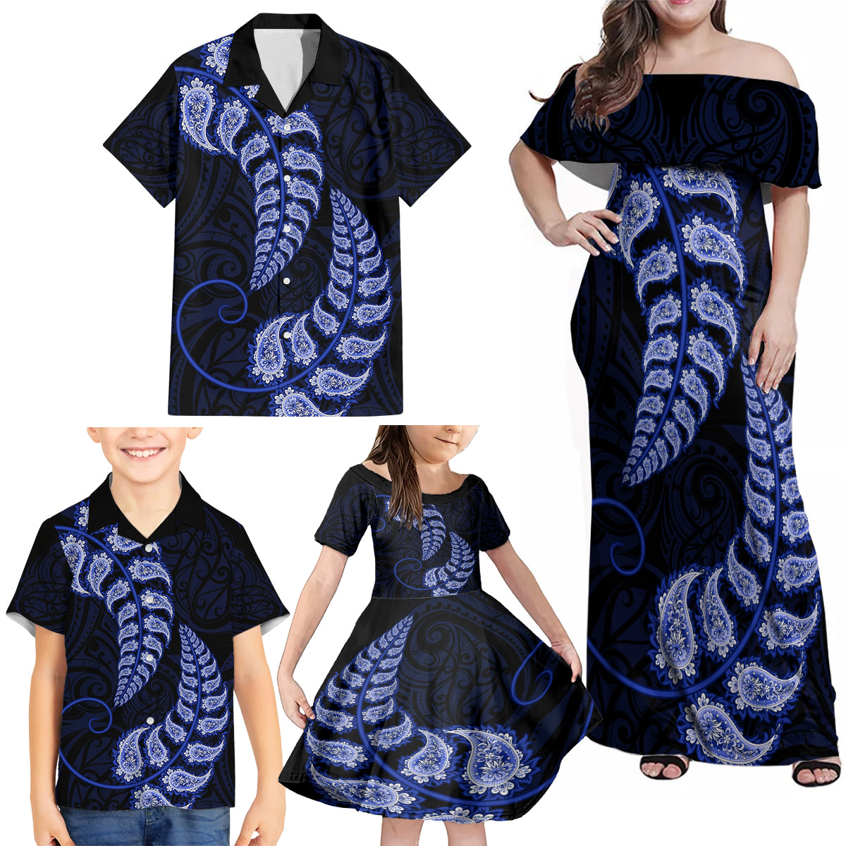 blue-new-zealand-paisley-silver-fern-family-matching-off-shoulder-maxi-dress-and-hawaiian-shirt-aotearoa-maori