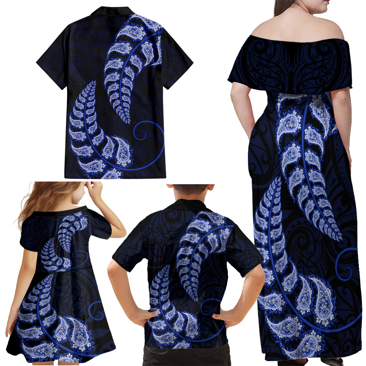 blue-new-zealand-paisley-silver-fern-family-matching-off-shoulder-maxi-dress-and-hawaiian-shirt-aotearoa-maori