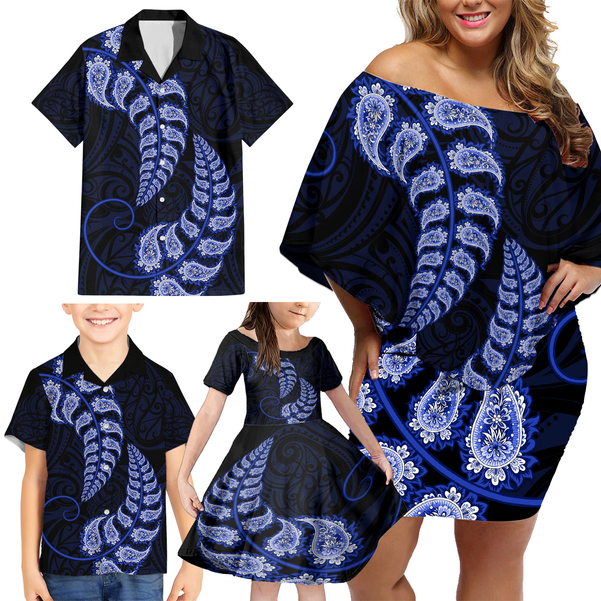 blue-new-zealand-paisley-silver-fern-family-matching-off-shoulder-short-dress-and-hawaiian-shirt-aotearoa-maori