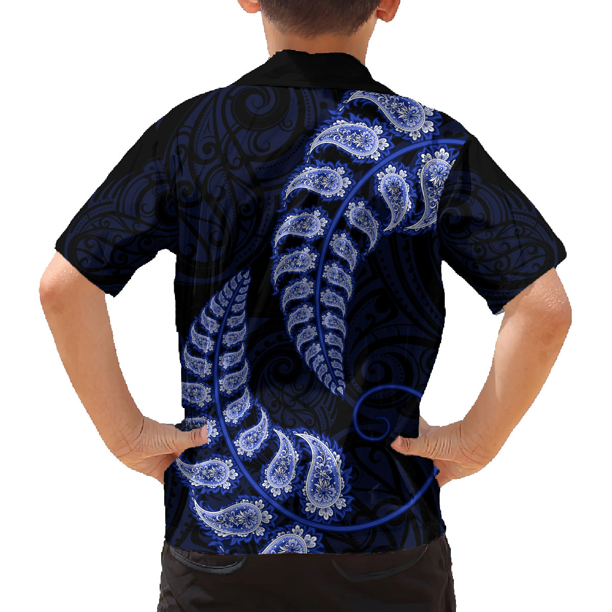 blue-new-zealand-paisley-silver-fern-family-matching-off-shoulder-short-dress-and-hawaiian-shirt-aotearoa-maori