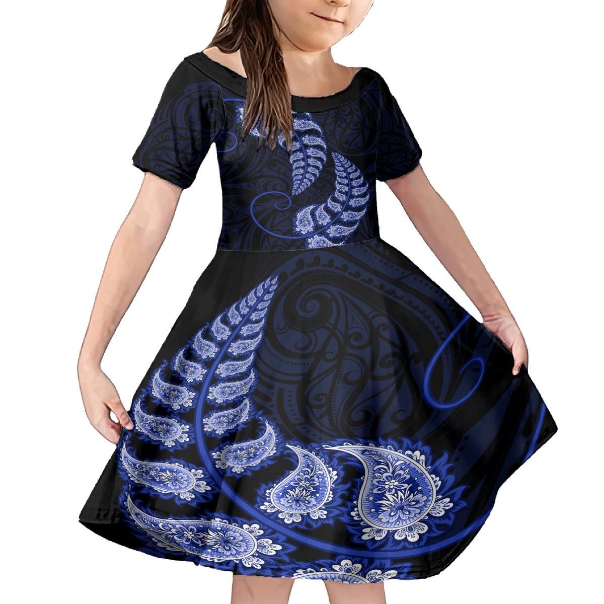 blue-new-zealand-paisley-silver-fern-family-matching-off-shoulder-short-dress-and-hawaiian-shirt-aotearoa-maori