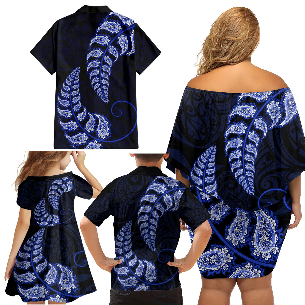 blue-new-zealand-paisley-silver-fern-family-matching-off-shoulder-short-dress-and-hawaiian-shirt-aotearoa-maori