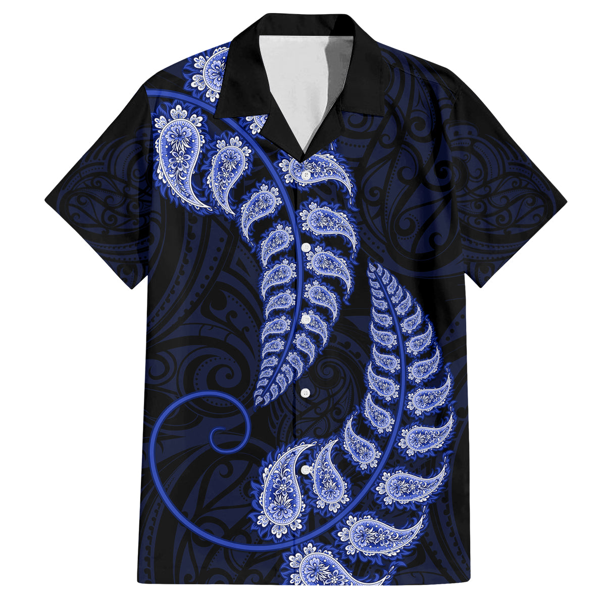 blue-new-zealand-paisley-silver-fern-family-matching-off-shoulder-short-dress-and-hawaiian-shirt-aotearoa-maori