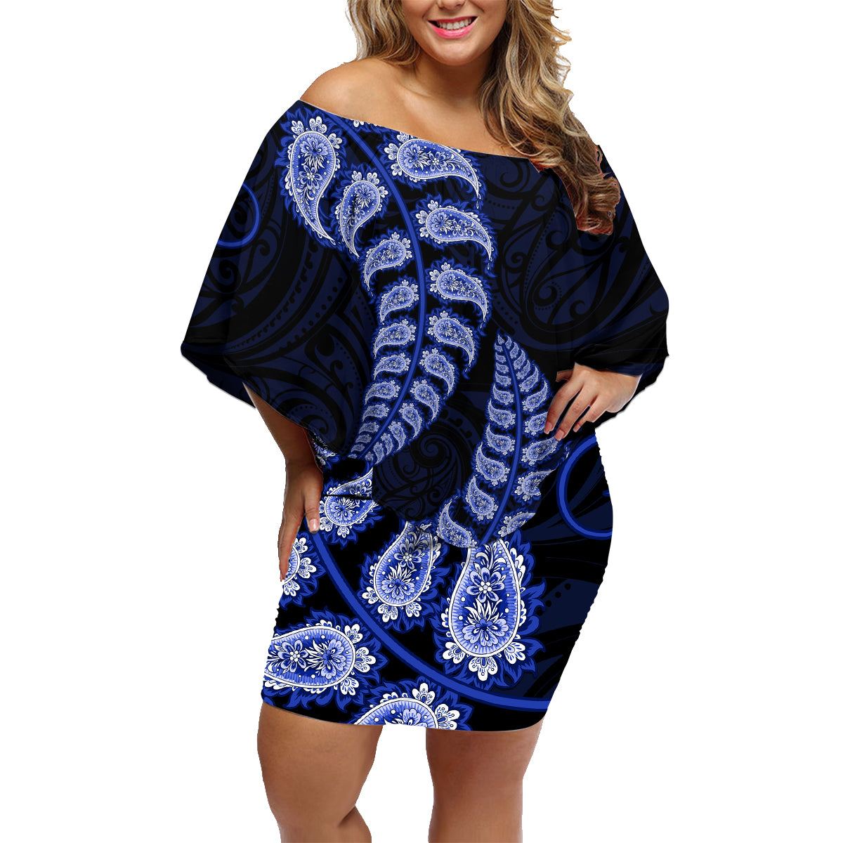 blue-new-zealand-paisley-silver-fern-family-matching-off-shoulder-short-dress-and-hawaiian-shirt-aotearoa-maori