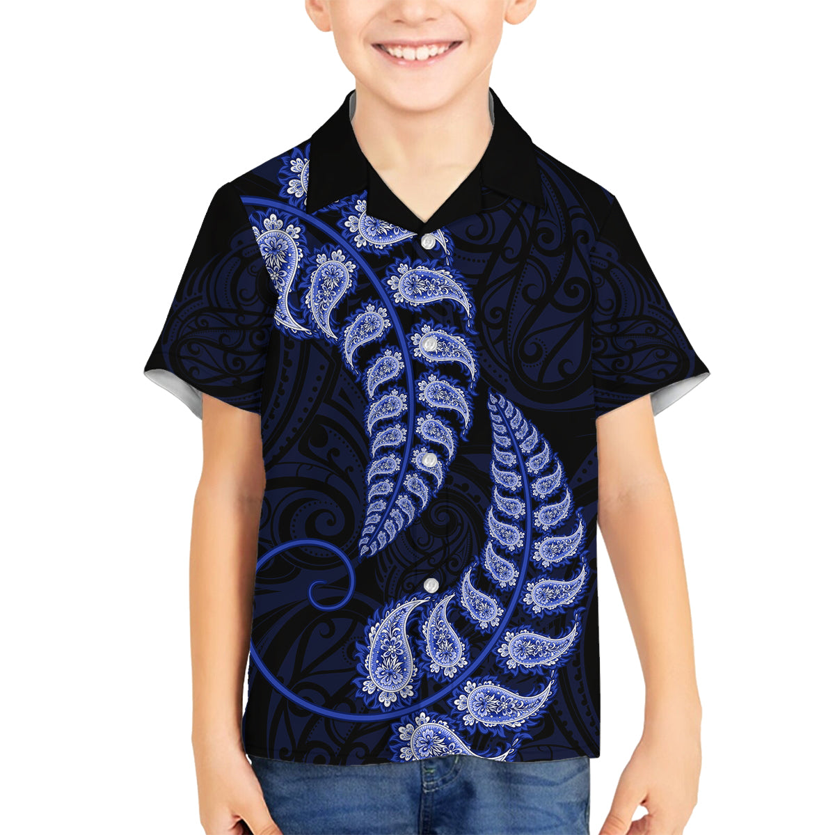 blue-new-zealand-paisley-silver-fern-family-matching-off-shoulder-short-dress-and-hawaiian-shirt-aotearoa-maori