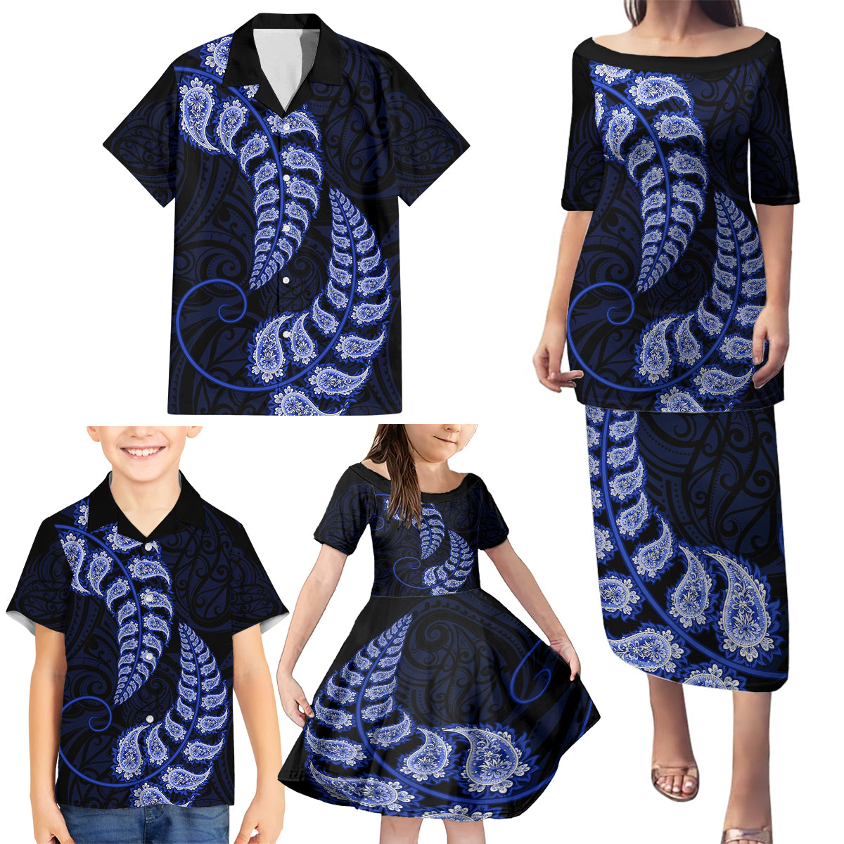 blue-new-zealand-paisley-silver-fern-family-matching-puletasi-dress-and-hawaiian-shirt-aotearoa-maori