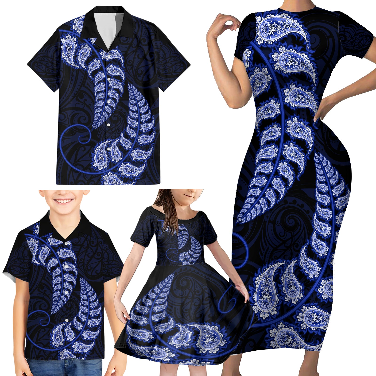 blue-new-zealand-paisley-silver-fern-family-matching-short-sleeve-bodycon-dress-and-hawaiian-shirt-aotearoa-maori