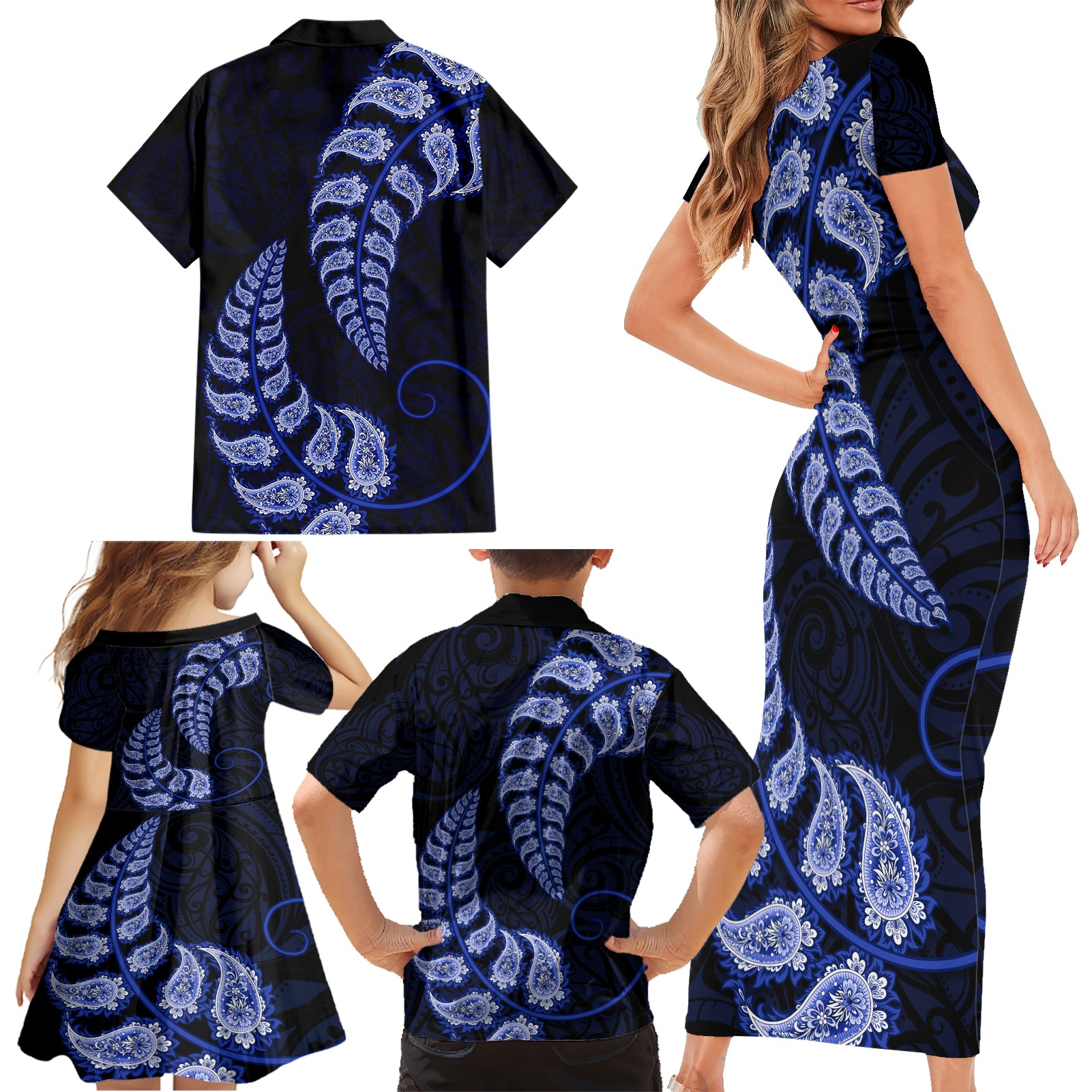 blue-new-zealand-paisley-silver-fern-family-matching-short-sleeve-bodycon-dress-and-hawaiian-shirt-aotearoa-maori