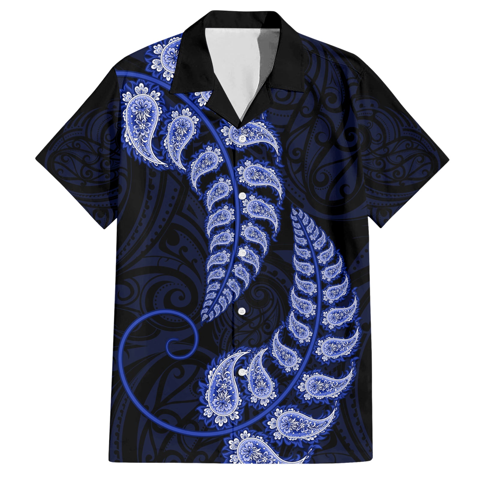 blue-new-zealand-paisley-silver-fern-family-matching-short-sleeve-bodycon-dress-and-hawaiian-shirt-aotearoa-maori