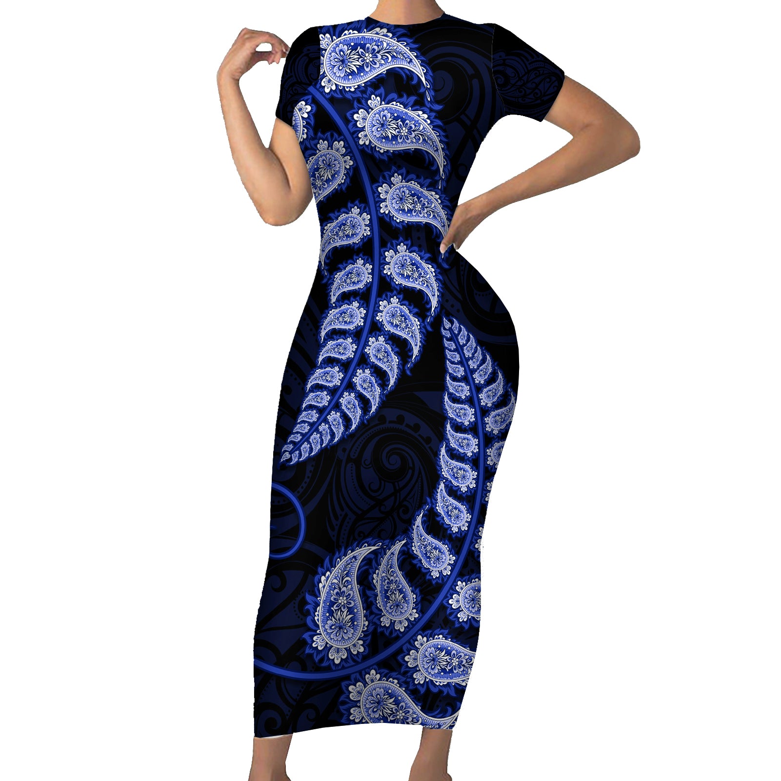 blue-new-zealand-paisley-silver-fern-family-matching-short-sleeve-bodycon-dress-and-hawaiian-shirt-aotearoa-maori