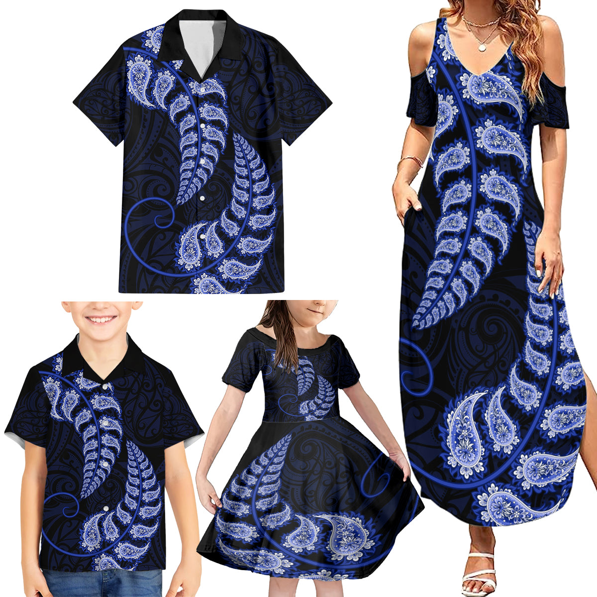 blue-new-zealand-paisley-silver-fern-family-matching-summer-maxi-dress-and-hawaiian-shirt-aotearoa-maori