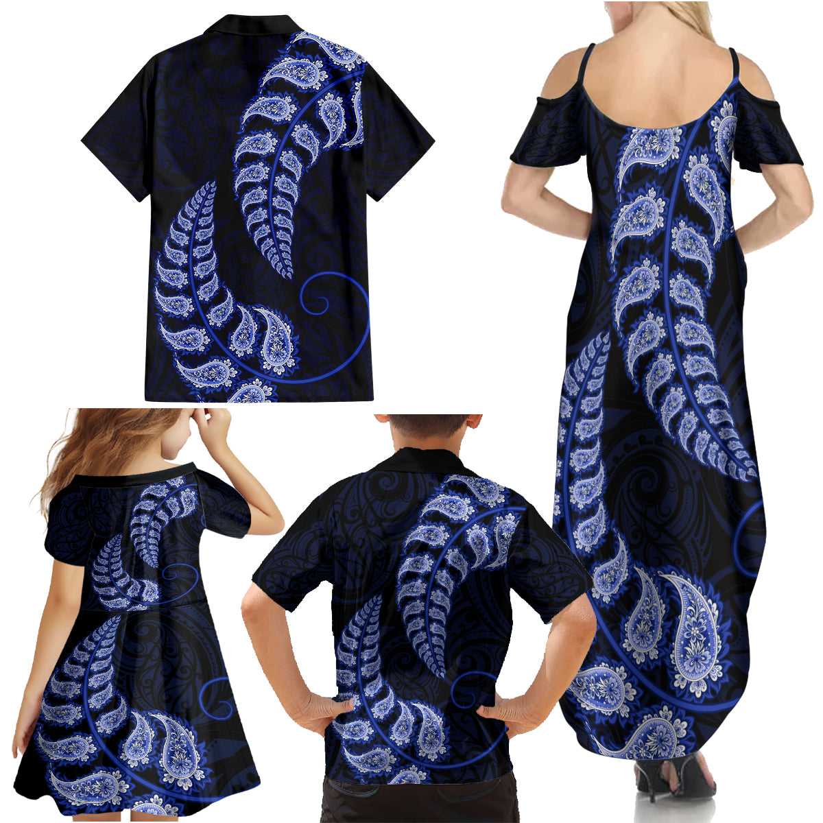 blue-new-zealand-paisley-silver-fern-family-matching-summer-maxi-dress-and-hawaiian-shirt-aotearoa-maori