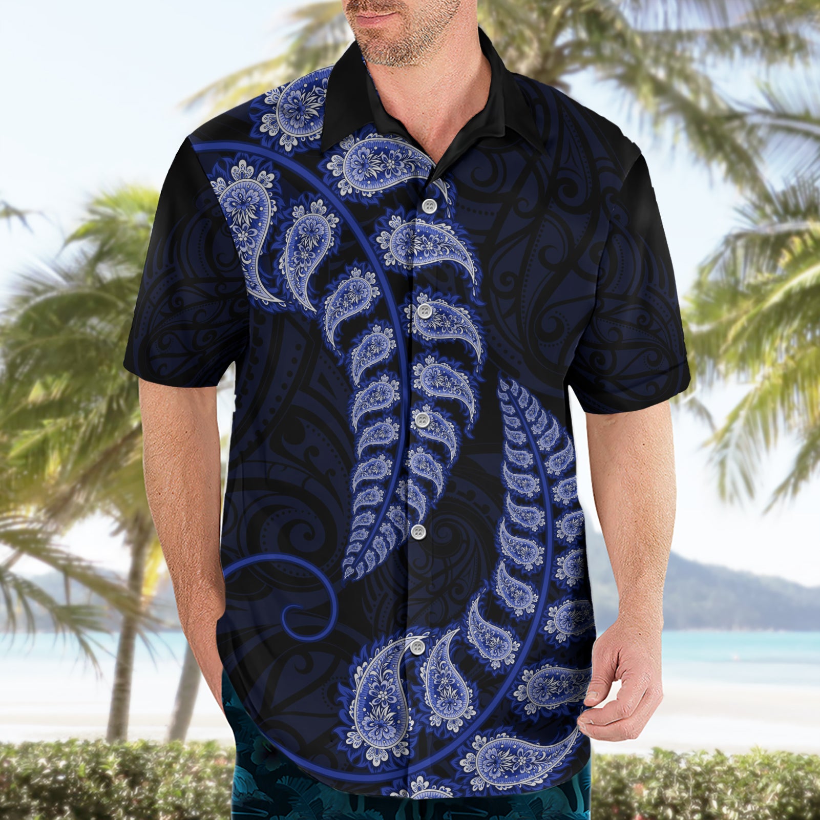 Blue New Zealand Paisley Silver Fern Hawaiian Shirt Aotearoa Maori - Vibe Hoodie Shop