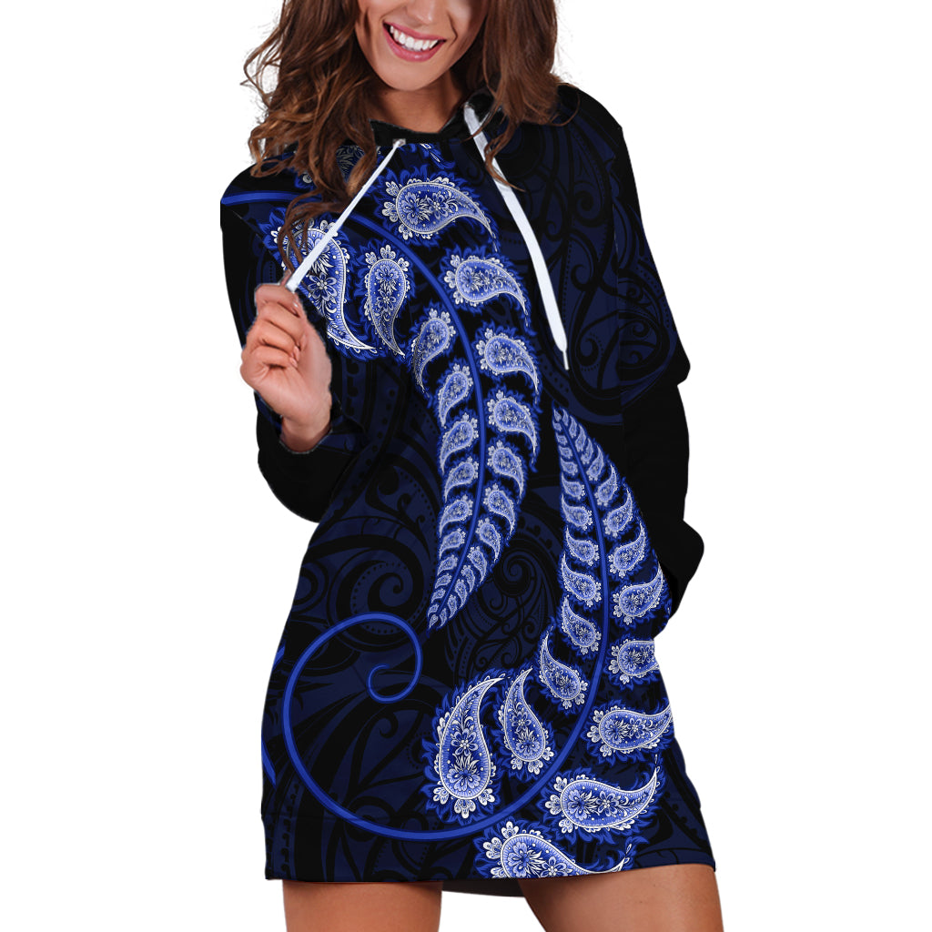 Blue New Zealand Paisley Silver Fern Hoodie Dress Aotearoa Maori - Vibe Hoodie Shop