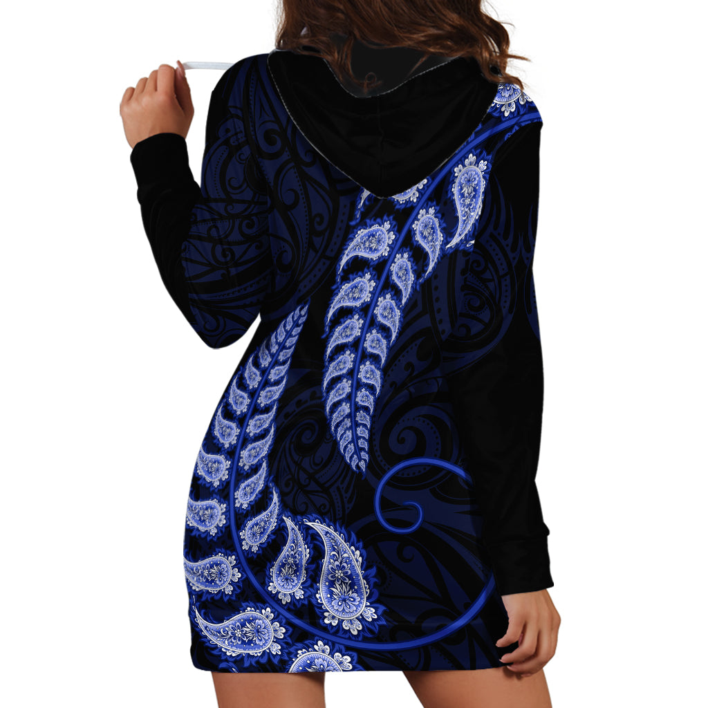 Blue New Zealand Paisley Silver Fern Hoodie Dress Aotearoa Maori - Vibe Hoodie Shop