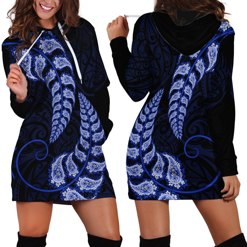 Blue New Zealand Paisley Silver Fern Hoodie Dress Aotearoa Maori - Vibe Hoodie Shop