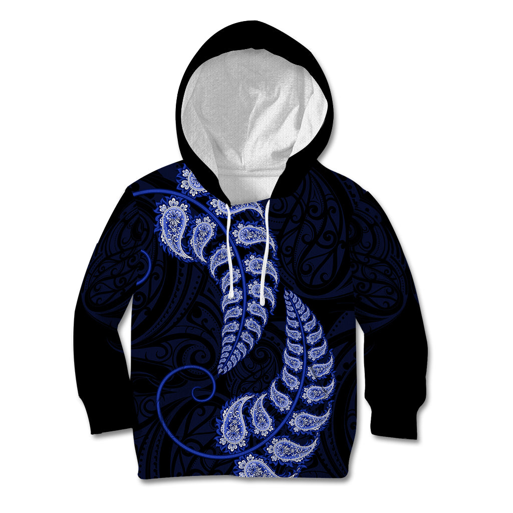 Blue New Zealand Paisley Silver Fern Kid Hoodie Aotearoa Maori - Vibe Hoodie Shop