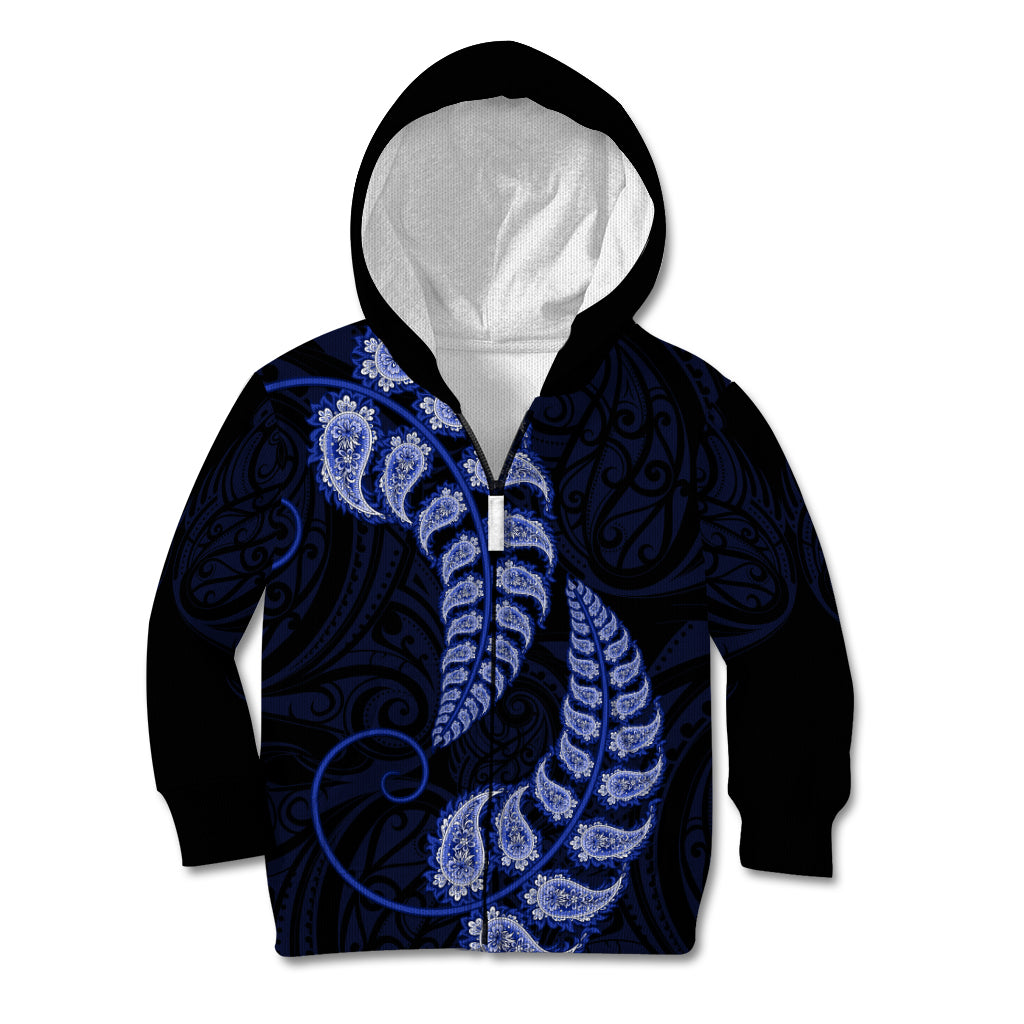 Blue New Zealand Paisley Silver Fern Kid Hoodie Aotearoa Maori - Vibe Hoodie Shop