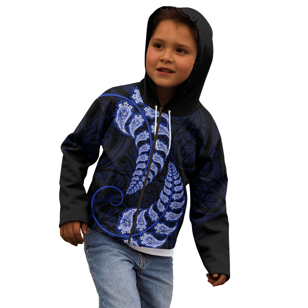 Blue New Zealand Paisley Silver Fern Kid Hoodie Aotearoa Maori - Vibe Hoodie Shop