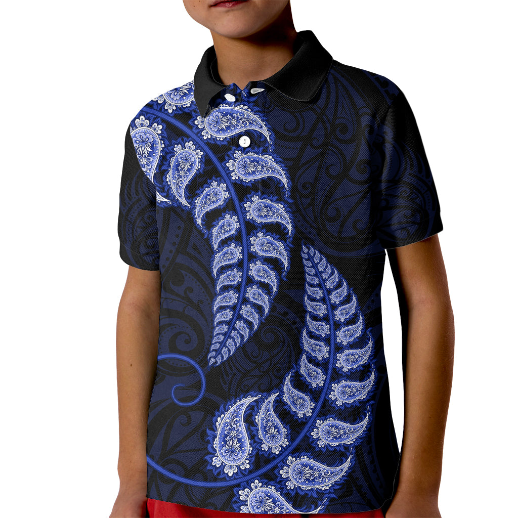 Blue New Zealand Paisley Silver Fern Kid Polo Shirt Aotearoa Maori - Vibe Hoodie Shop