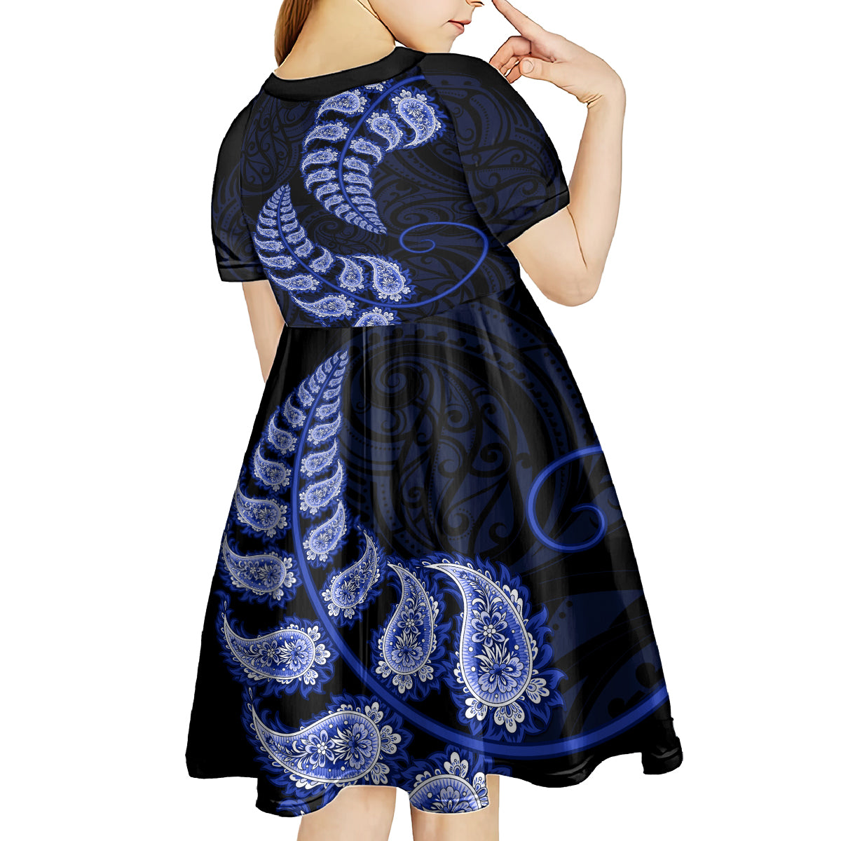 Blue New Zealand Paisley Silver Fern Kid Short Sleeve Dress Aotearoa Maori - Vibe Hoodie Shop