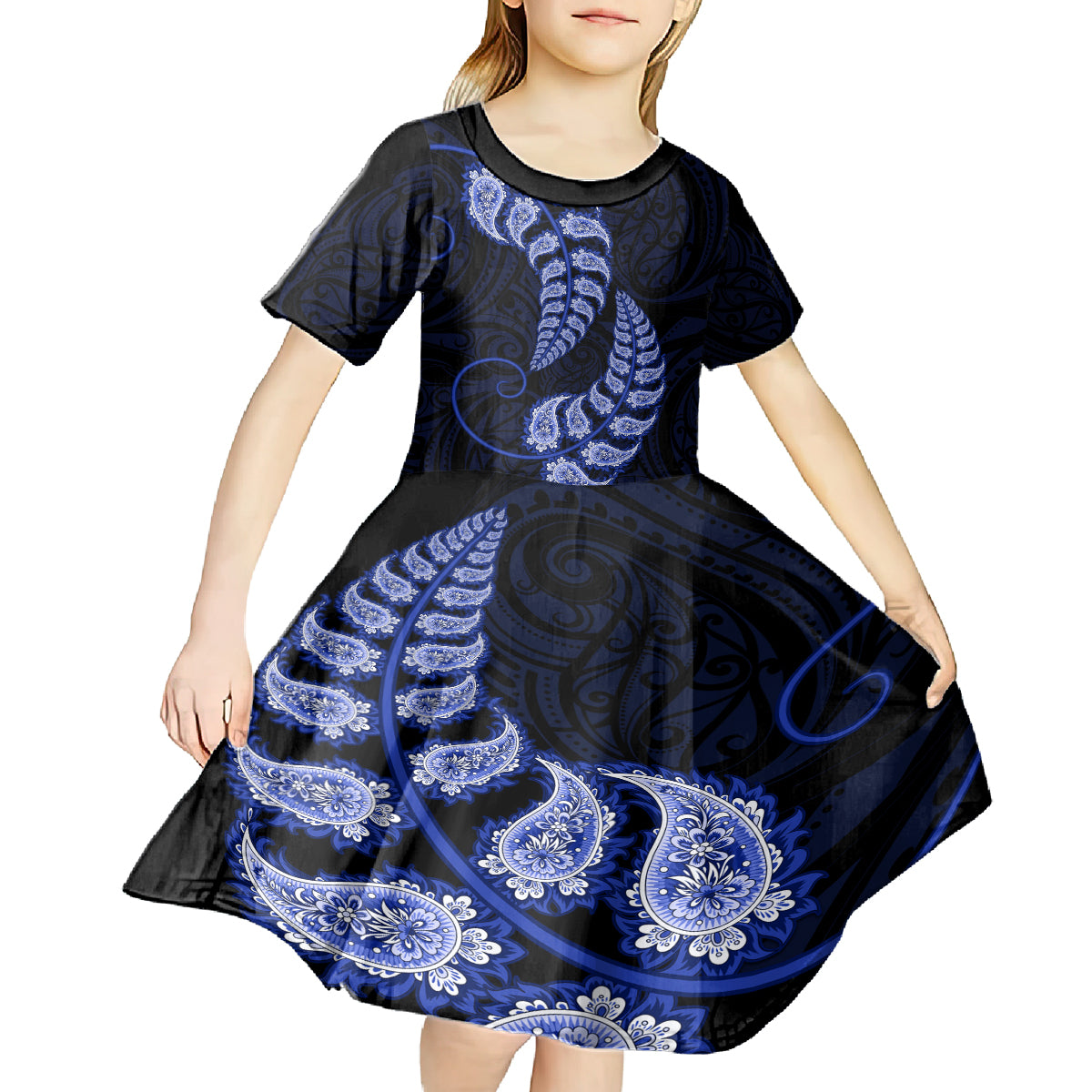 Blue New Zealand Paisley Silver Fern Kid Short Sleeve Dress Aotearoa Maori - Vibe Hoodie Shop