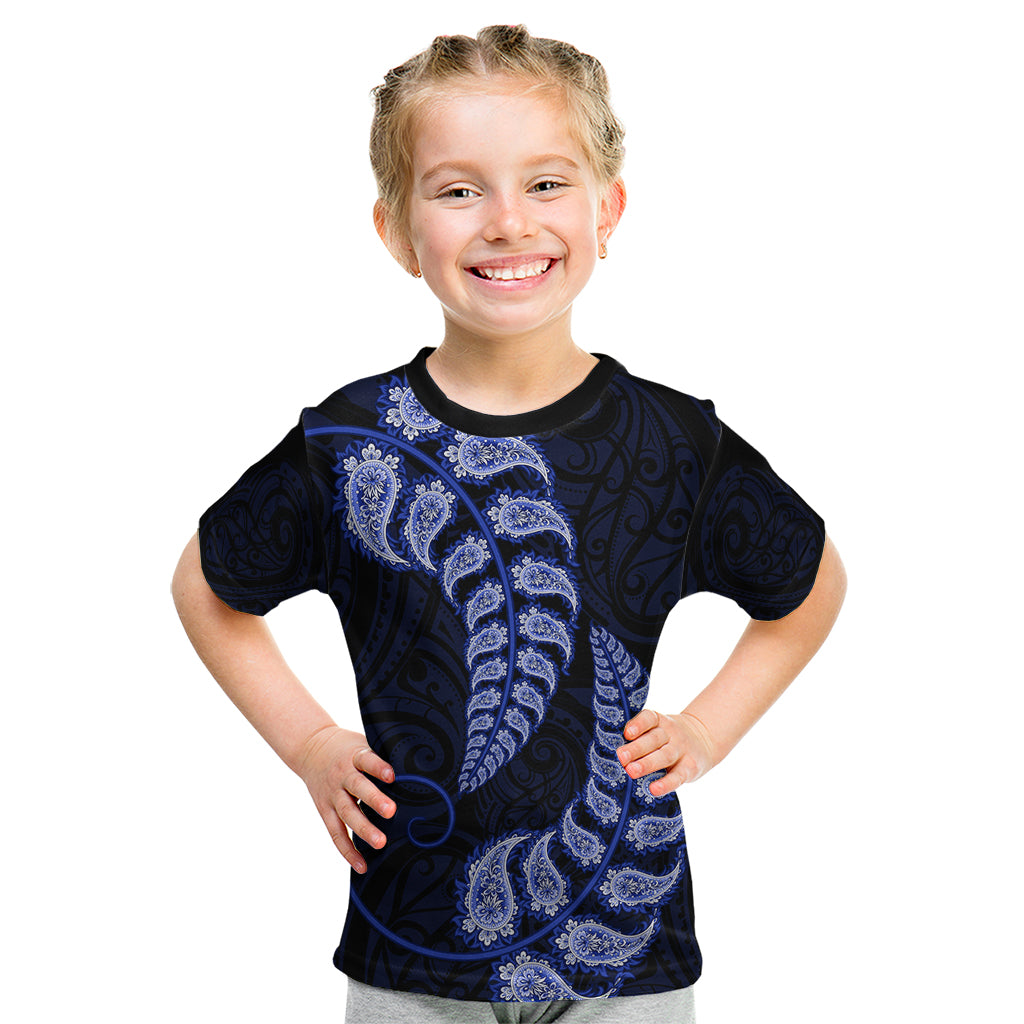 Blue New Zealand Paisley Silver Fern Kid T Shirt Aotearoa Maori - Vibe Hoodie Shop