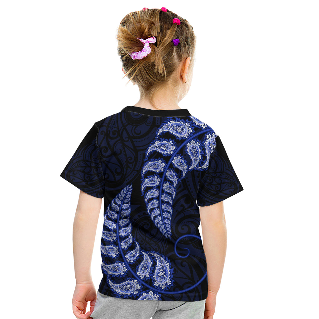 Blue New Zealand Paisley Silver Fern Kid T Shirt Aotearoa Maori - Vibe Hoodie Shop