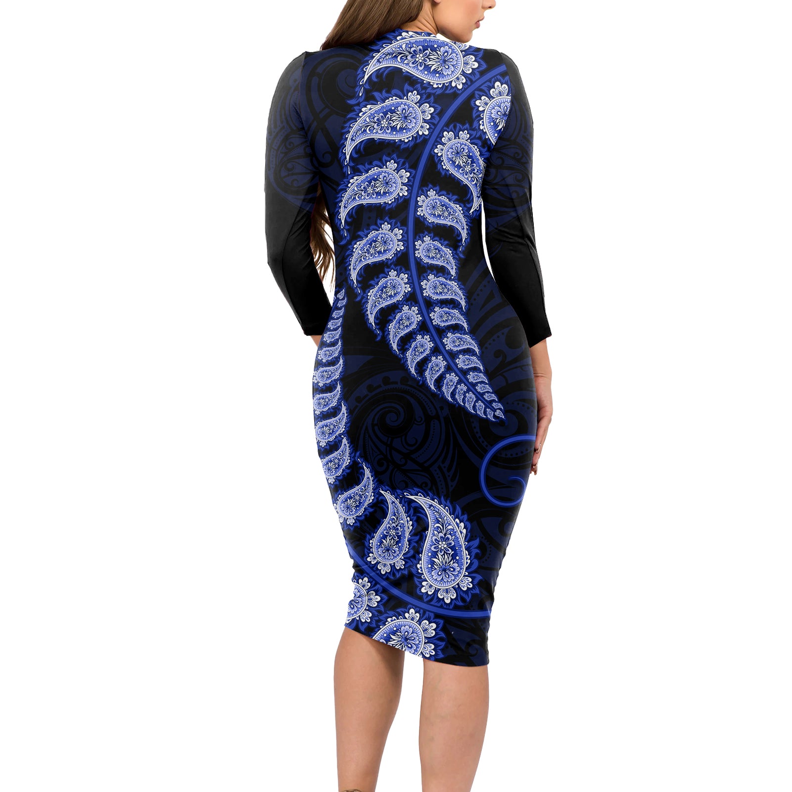 blue-new-zealand-paisley-silver-fern-long-sleeve-bodycon-dress-aotearoa-maori