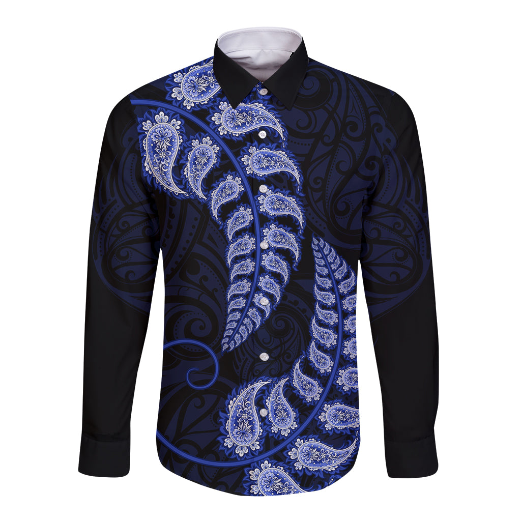 Blue New Zealand Paisley Silver Fern Long Sleeve Button Shirt Aotearoa Maori - Vibe Hoodie Shop