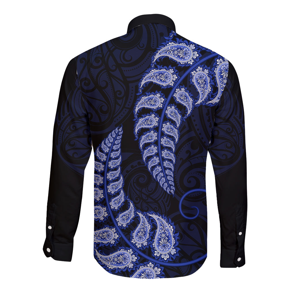 Blue New Zealand Paisley Silver Fern Long Sleeve Button Shirt Aotearoa Maori - Vibe Hoodie Shop