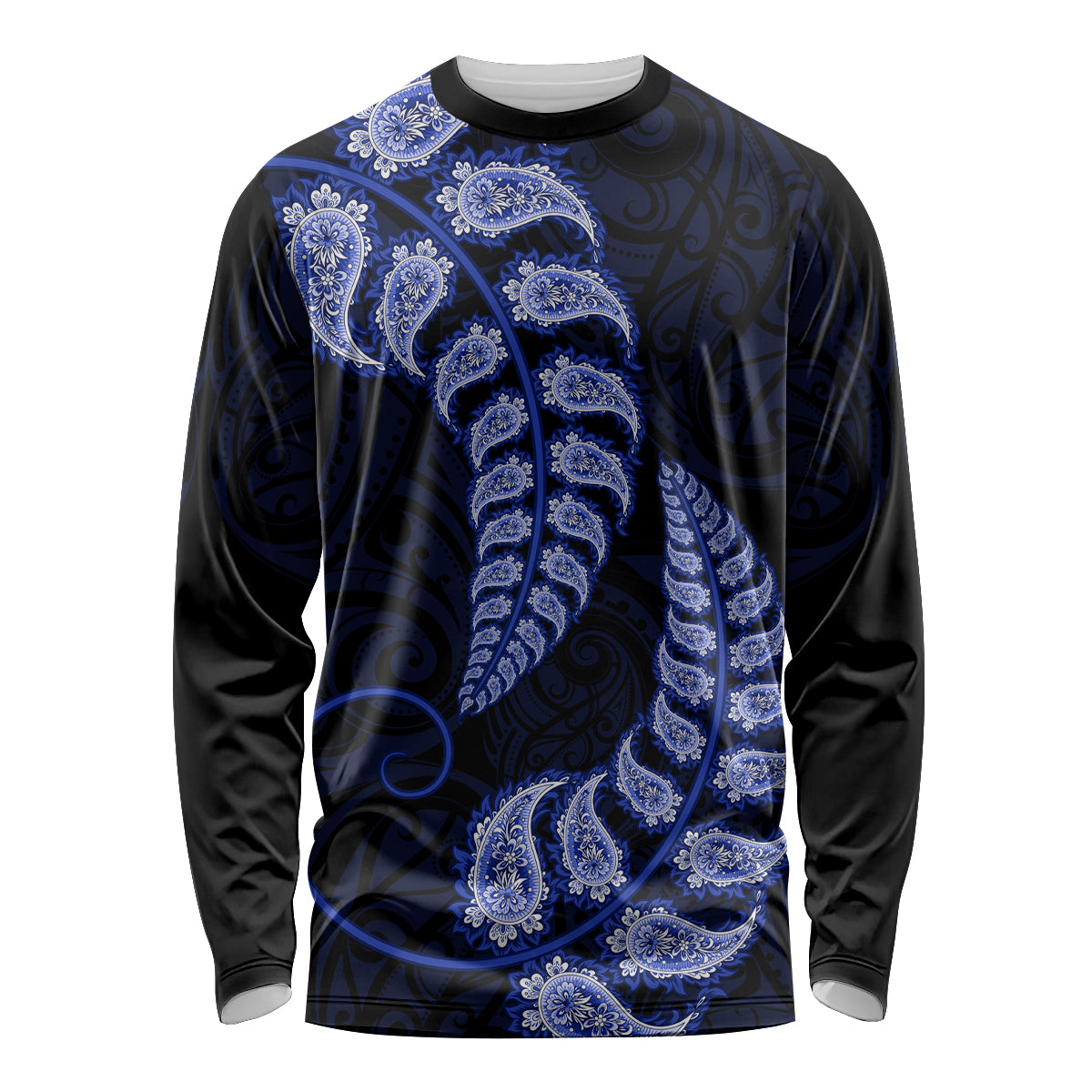 Blue New Zealand Paisley Silver Fern Long Sleeve Shirt Aotearoa Maori - Vibe Hoodie Shop