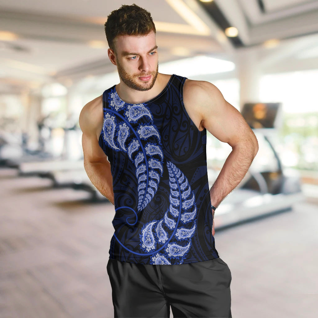 Blue New Zealand Paisley Silver Fern Men Tank Top Aotearoa Maori - Vibe Hoodie Shop