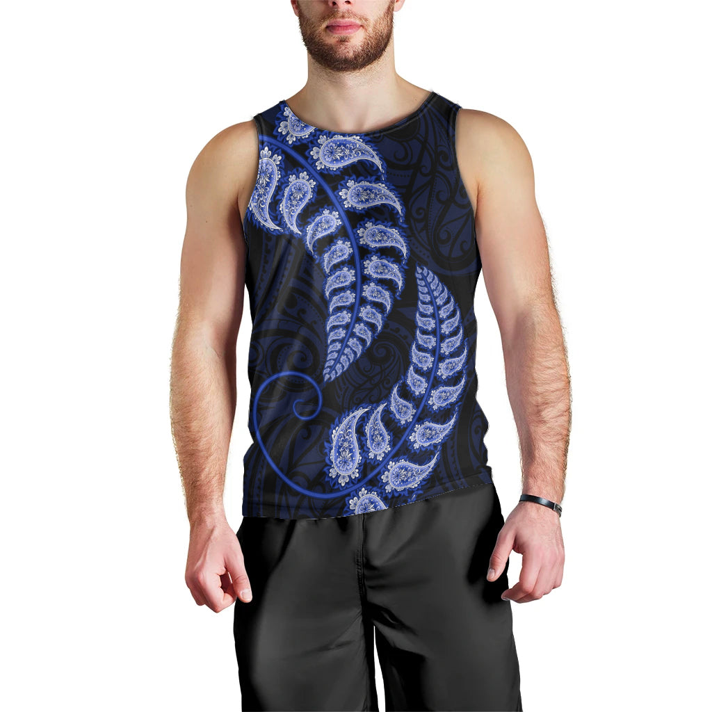 Blue New Zealand Paisley Silver Fern Men Tank Top Aotearoa Maori - Vibe Hoodie Shop