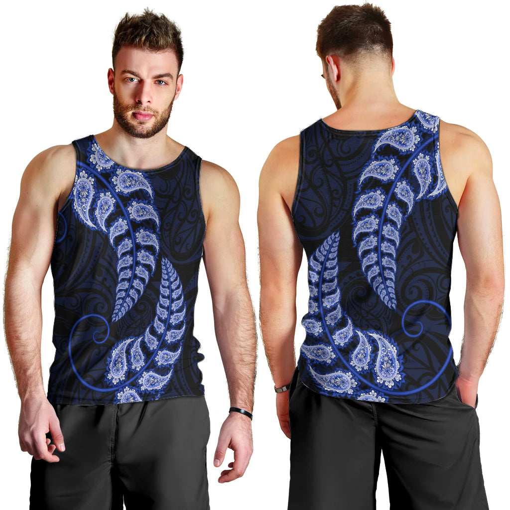 Blue New Zealand Paisley Silver Fern Men Tank Top Aotearoa Maori - Vibe Hoodie Shop