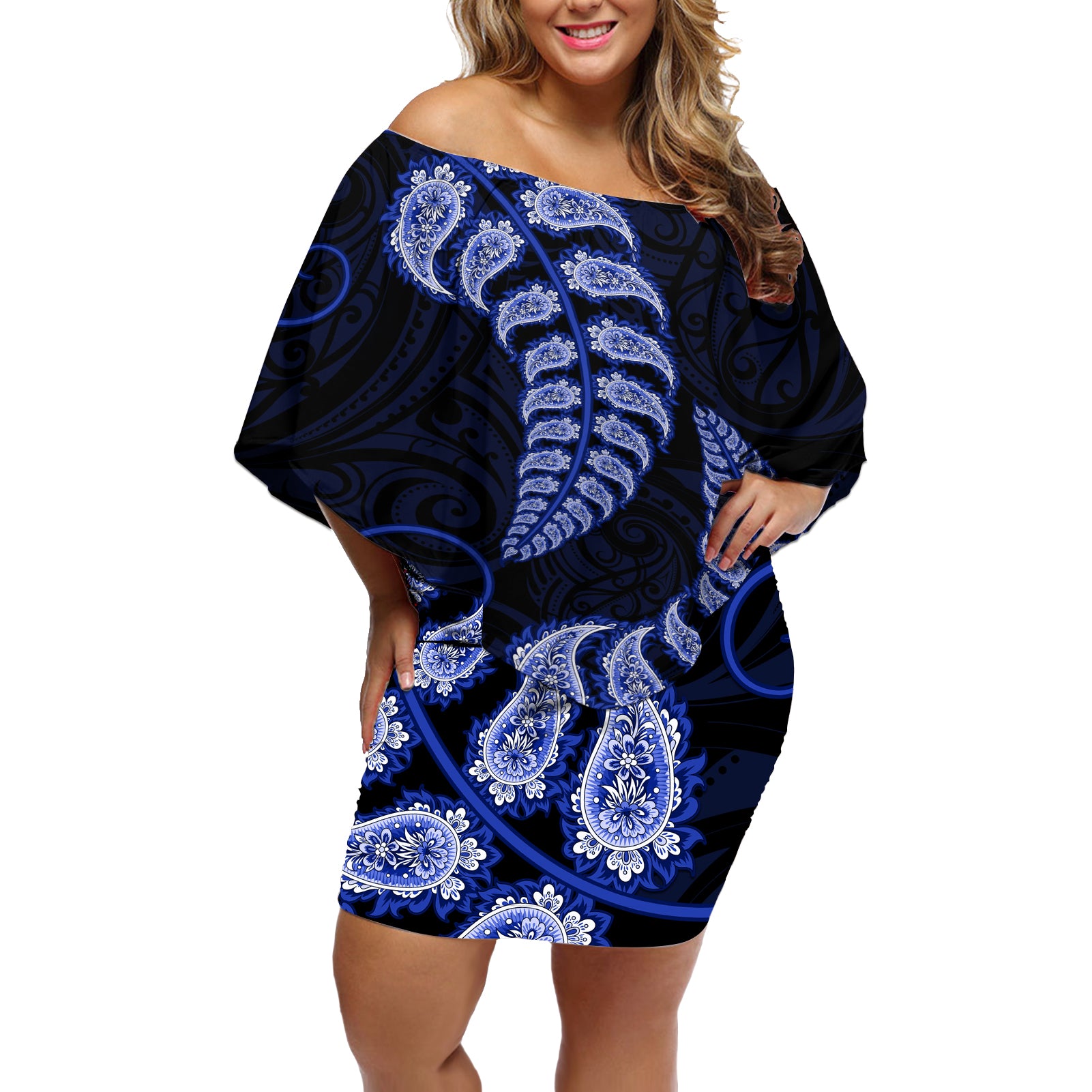 blue-new-zealand-paisley-silver-fern-off-shoulder-short-dress-aotearoa-maori