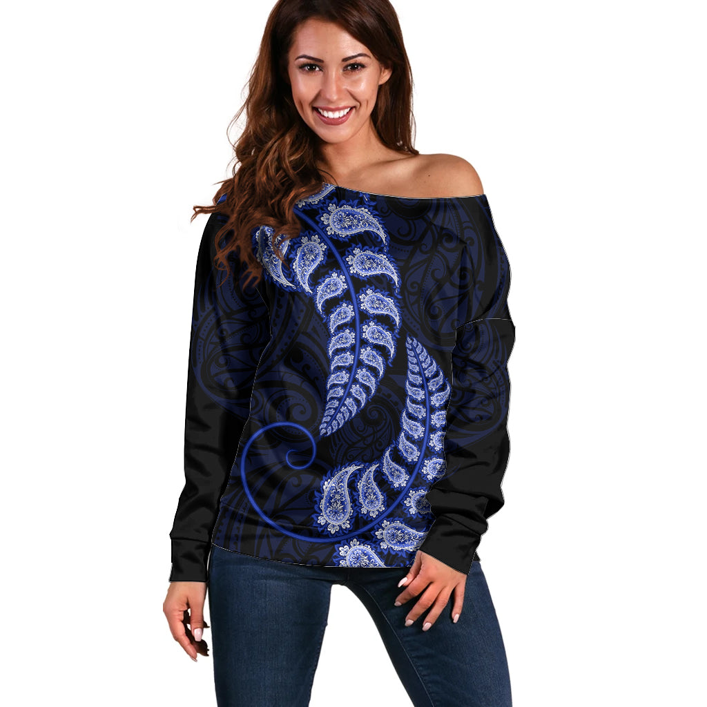 Blue New Zealand Paisley Silver Fern Off Shoulder Sweater Aotearoa Maori - Vibe Hoodie Shop