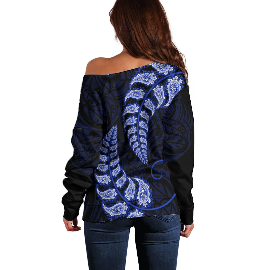 Blue New Zealand Paisley Silver Fern Off Shoulder Sweater Aotearoa Maori - Vibe Hoodie Shop